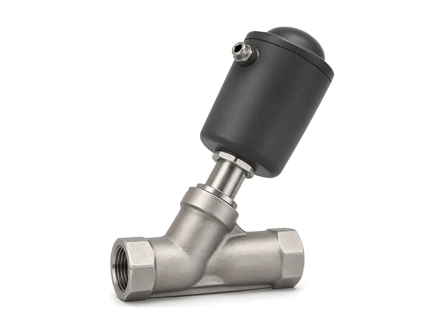 Pneumatically actuated angle seat valve